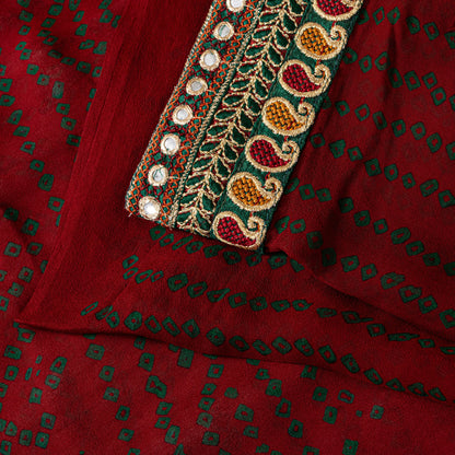Sanskriti Vintage Pure Georgette Dark Red Saree Bandhani Embroidered Gujrat 6YD