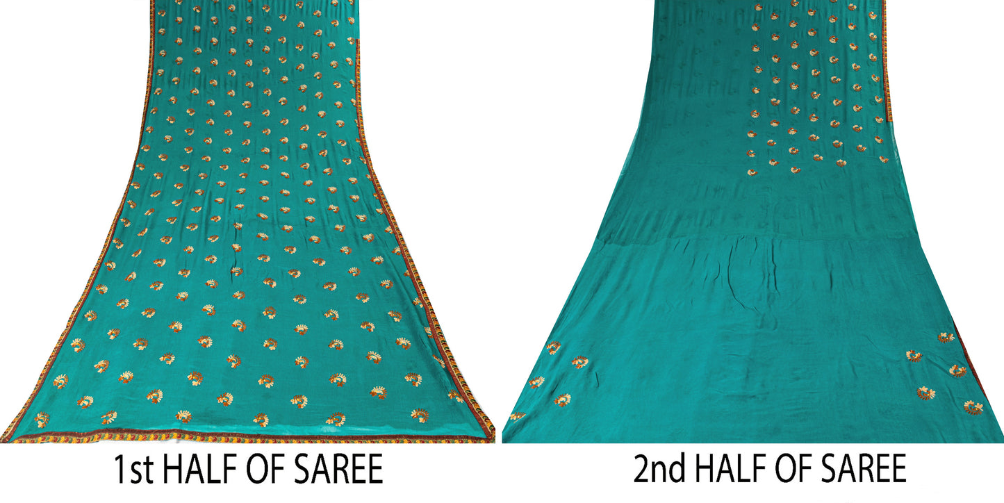 Sanskriti Vintage Blue Pure Chiffon SilkSaree Embroidered Wedding Sari 6Yd Craft