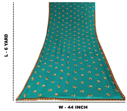 Sanskriti Vintage Blue Pure Chiffon SilkSaree Embroidered Wedding Sari 6Yd Craft