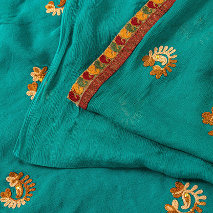 Sanskriti Vintage Blue Pure Chiffon SilkSaree Embroidered Wedding Sari 6Yd Craft