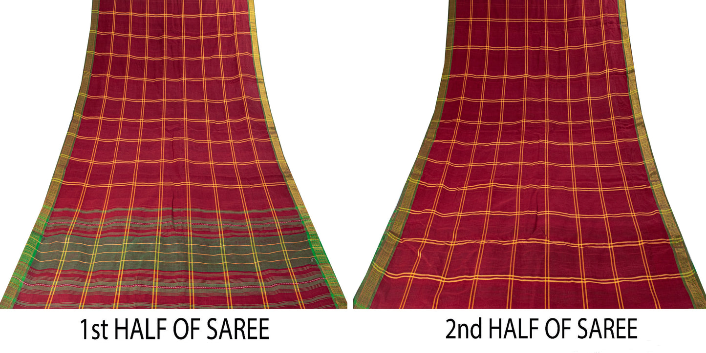 Sanskriti Vintage Red Pure Cotton Saree Chettinad Handloom Zari Tamil 5.5YD Sari