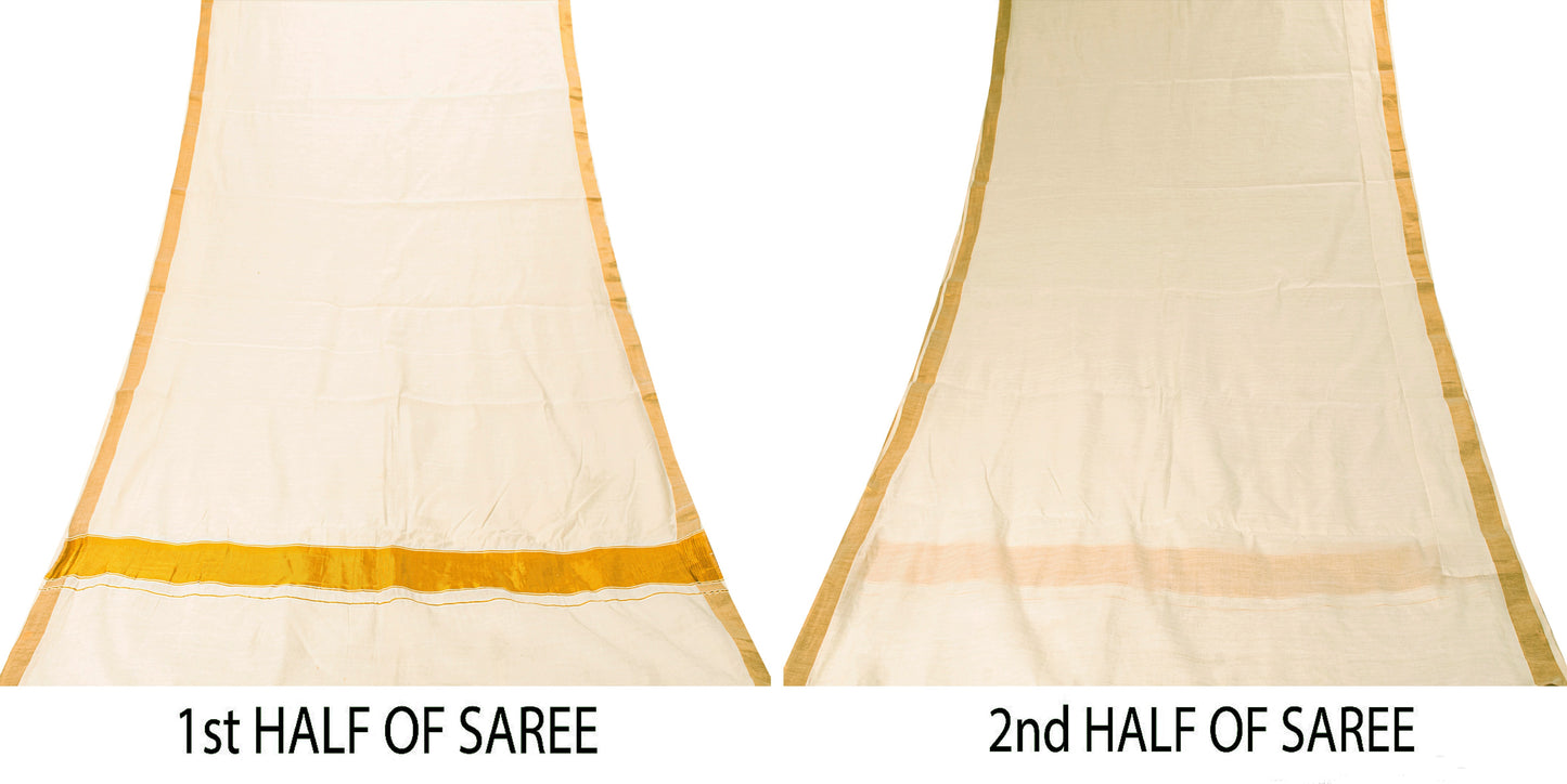 Sanskriti Vintage White Pure Cotton Saree Zari Work Kasavu Kerala Sari 5.5+Craft