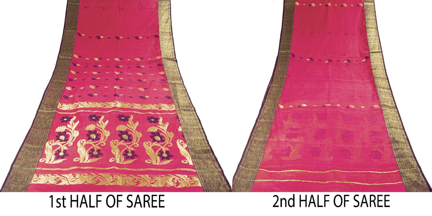 Sanskriti Vintage Saree Pink Pure Cotton Zari Brocade Jamdani Woven Fabric Sari