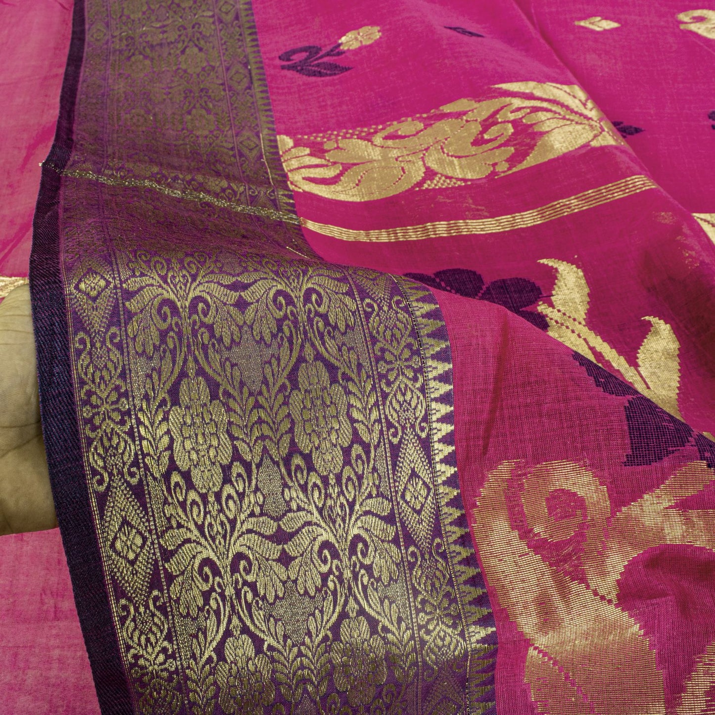 Sanskriti Vintage Saree Pink Pure Cotton Zari Brocade Jamdani Woven Fabric Sari
