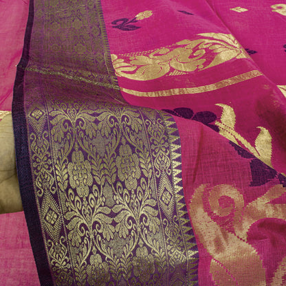 Sanskriti Vintage Saree Pink Pure Cotton Zari Brocade Jamdani Woven Fabric Sari