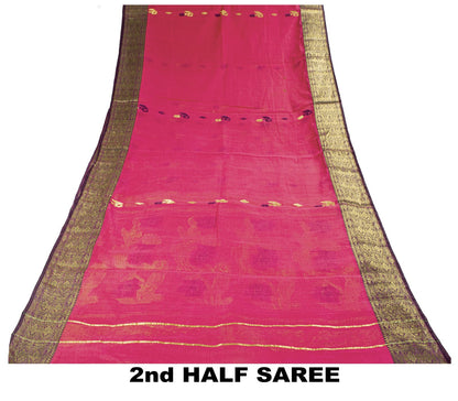 Sanskriti Vintage Saree Pink Pure Cotton Zari Brocade Jamdani Woven Fabric Sari