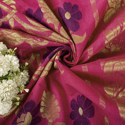 Sanskriti Vintage Saree Pink Pure Cotton Zari Brocade Jamdani Woven Fabric Sari