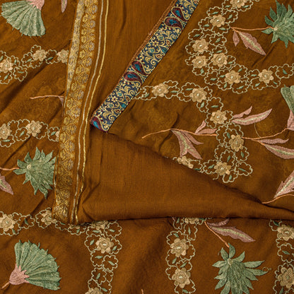 Sanskriti Vintage Brown Soft Pure Georgette Saree Embroidered Sari 5.5+YD Craft