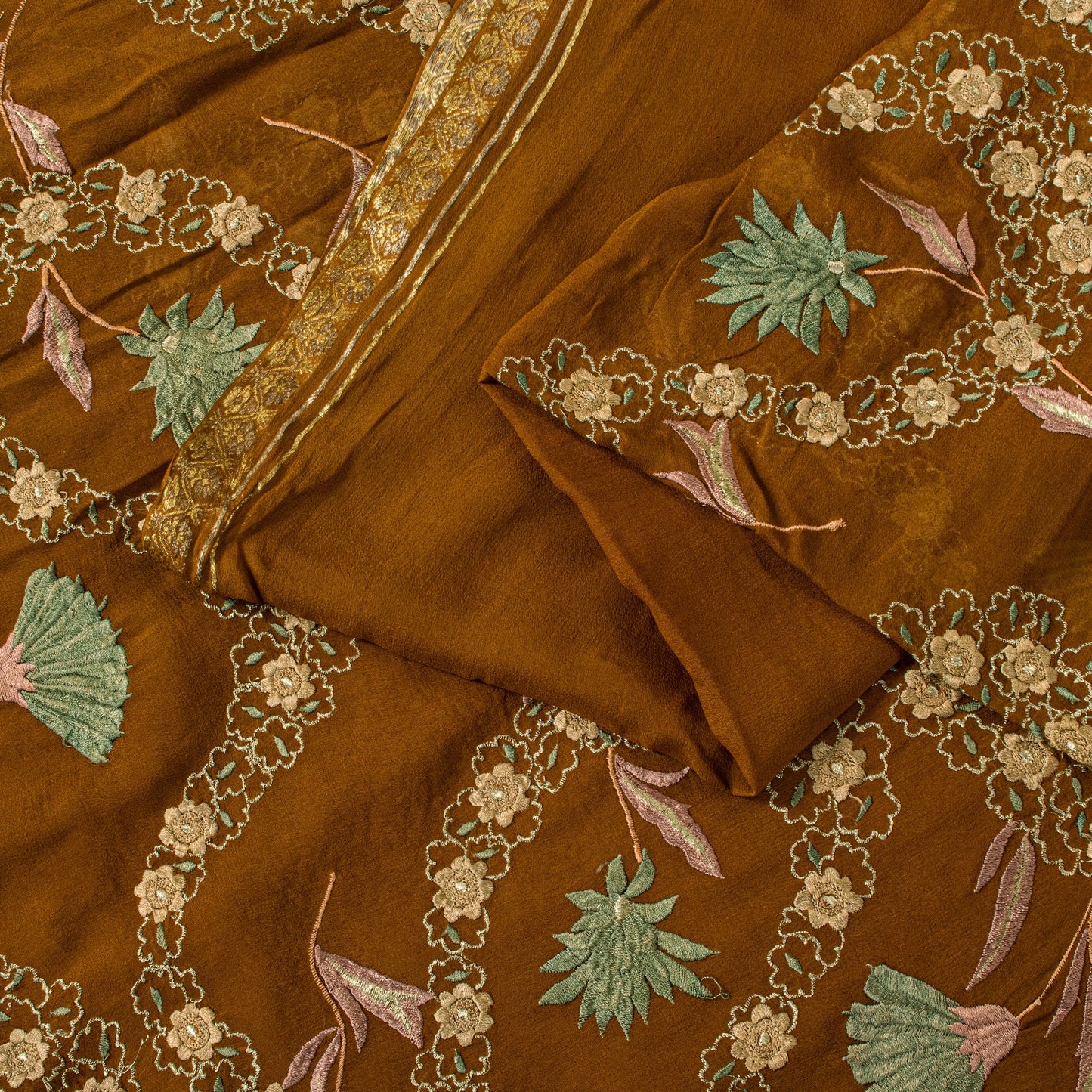 Sanskriti Vintage Brown Soft Pure Georgette Saree Embroidered Sari 5.5+YD Craft