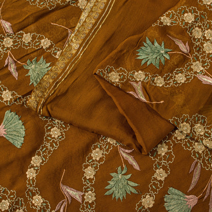 Sanskriti Vintage Brown Soft Pure Georgette Saree Embroidered Sari 5.5+YD Craft