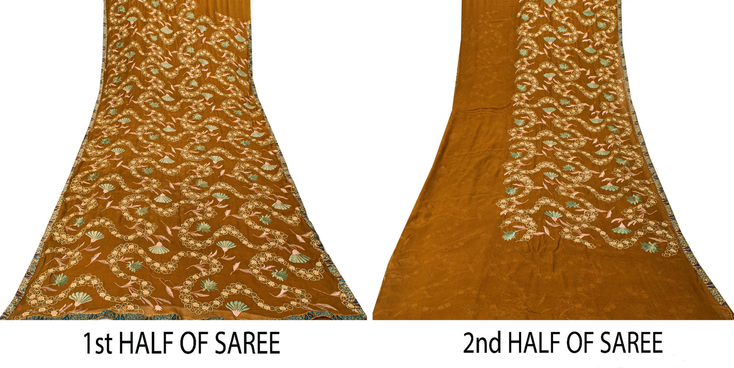 Sanskriti Vintage Brown Soft Pure Georgette Saree Embroidered Sari 5.5+YD Craft