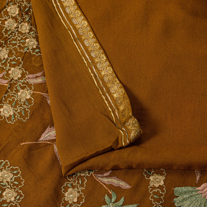 Sanskriti Vintage Brown Soft Pure Georgette Saree Embroidered Sari 5.5+YD Craft