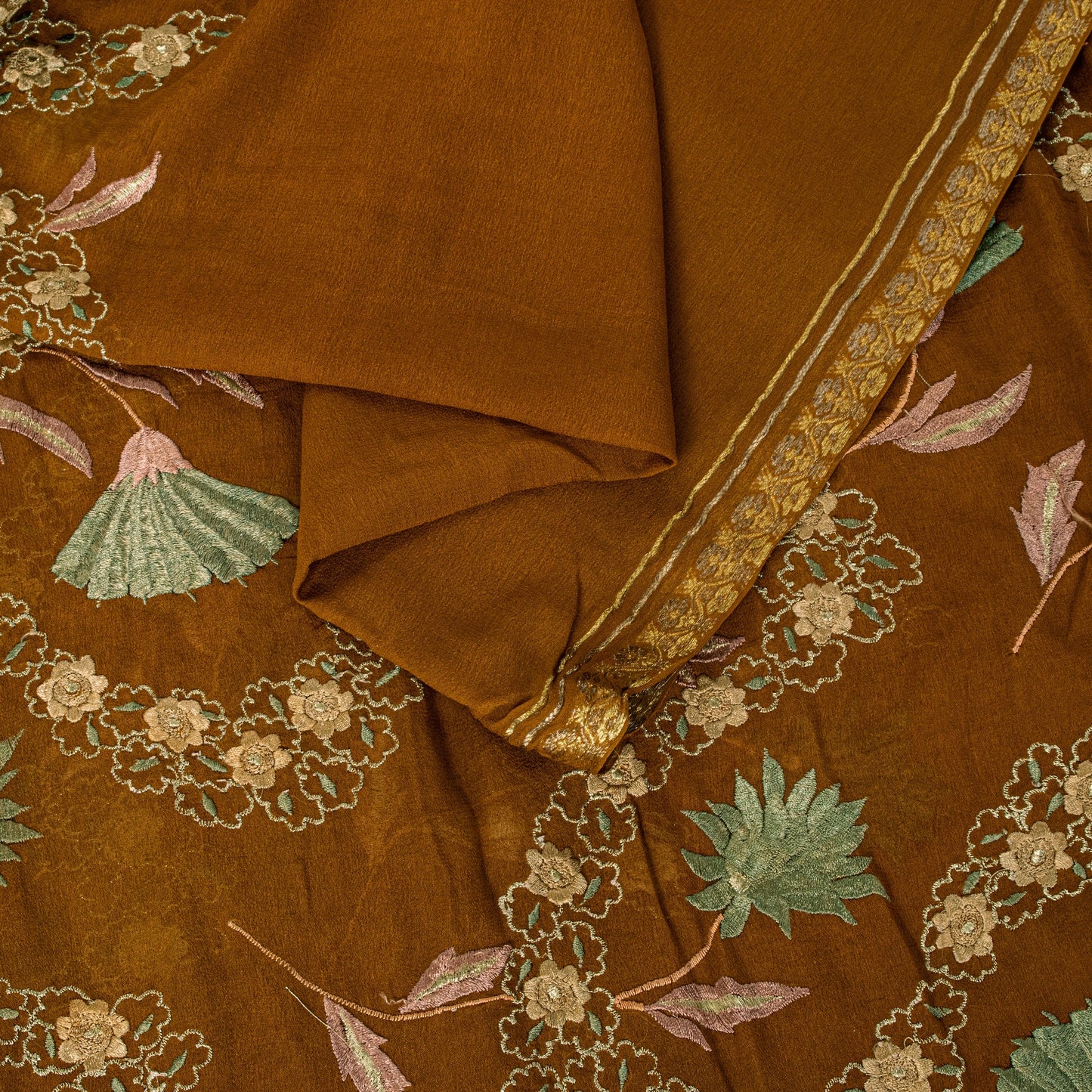 Sanskriti Vintage Brown Soft Pure Georgette Saree Embroidered Sari 5.5+YD Craft