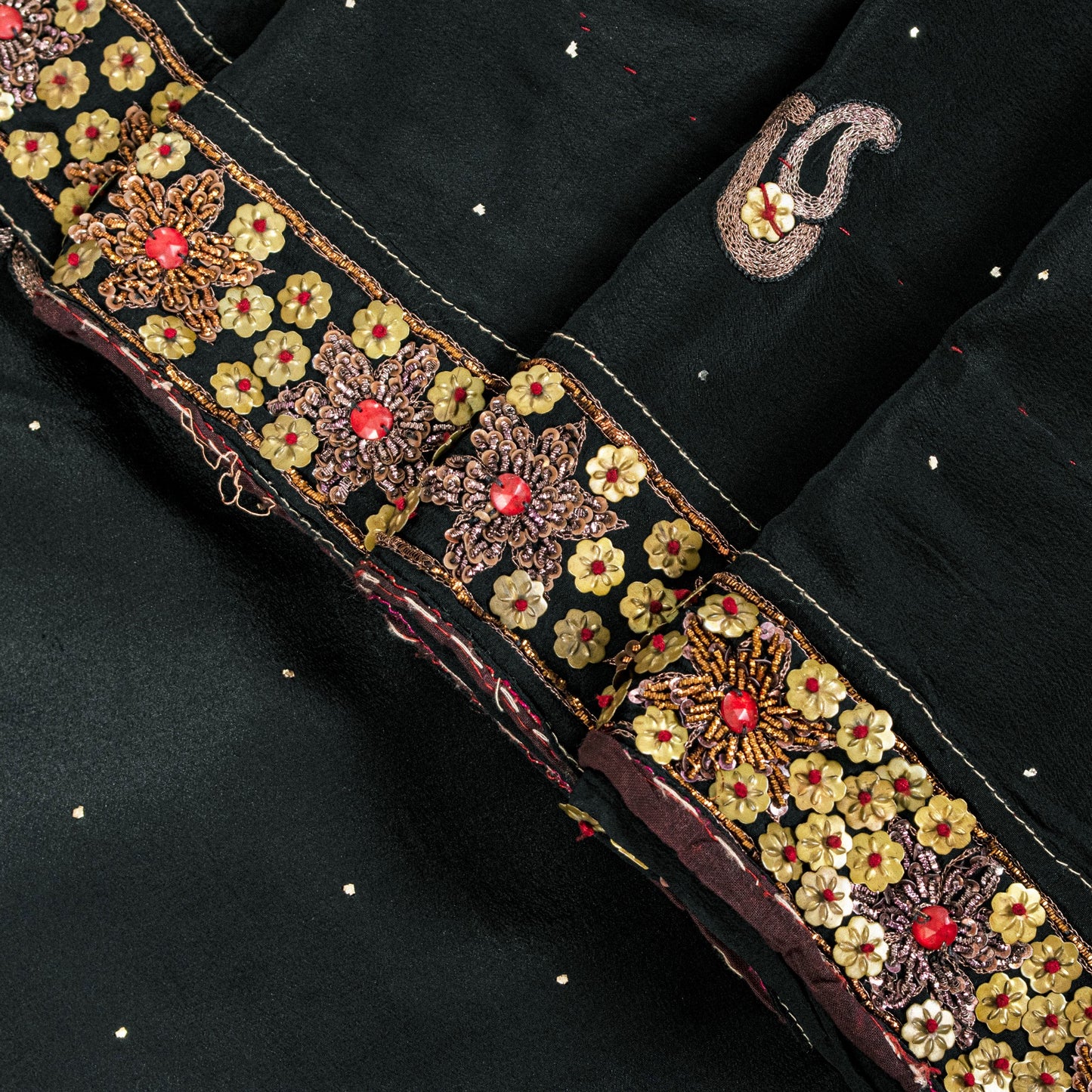 Sanskriti Vintage Black Pure Silk Saree Hand Beaded Zari Dabka Sari 5.5+YD Craft