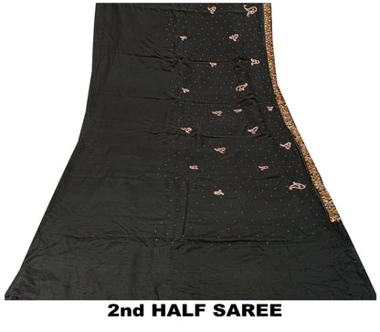 Sanskriti Vintage Black Pure Silk Saree Hand Beaded Zari Dabka Sari 5.5+YD Craft