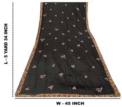 Sanskriti Vintage Black Pure Silk Saree Hand Beaded Zari Dabka Sari 5.5+YD Craft