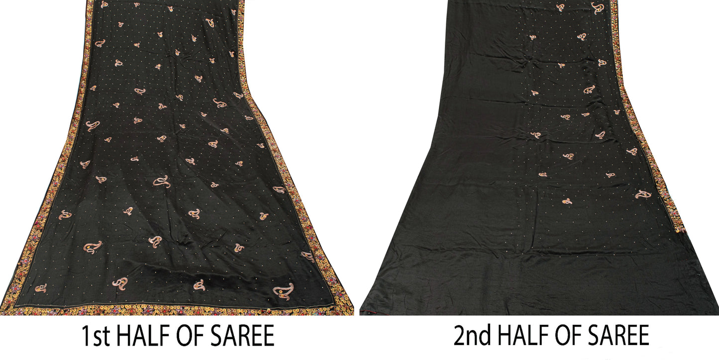 Sanskriti Vintage Black Pure Silk Saree Hand Beaded Zari Dabka Sari 5.5+YD Craft