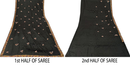 Sanskriti Vintage Black Pure Silk Saree Hand Beaded Zari Dabka Sari 5.5+YD Craft