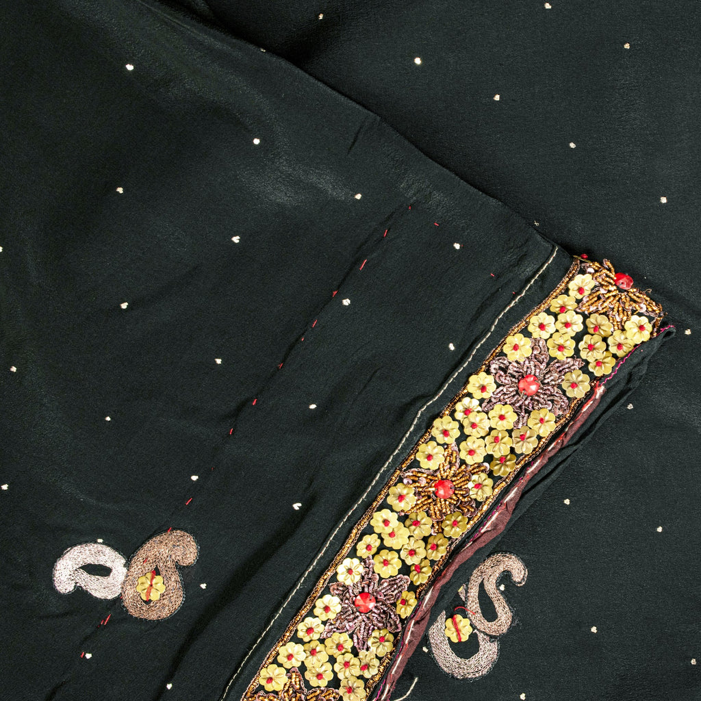 Sanskriti Vintage Black Pure Silk Saree Hand Beaded Zari Dabka Sari 5.5+YD Craft