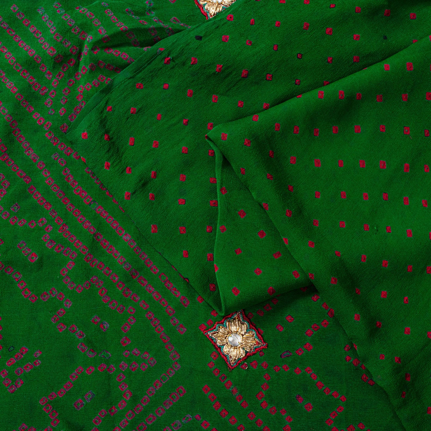 Sanskriti Vintage Green Pure Georgette Saree Bandhani Hand Embroidered 5.5YDSari