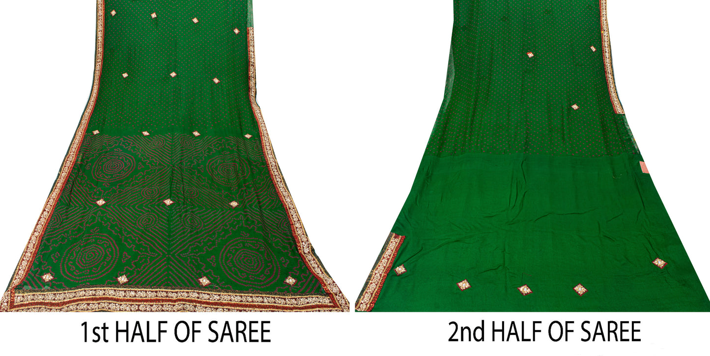 Sanskriti Vintage Green Pure Georgette Saree Bandhani Hand Embroidered 5.5YDSari