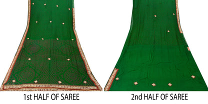 Sanskriti Vintage Green Pure Georgette Saree Bandhani Hand Embroidered 5.5YDSari