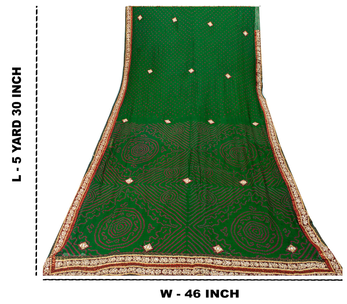 Sanskriti Vintage Green Pure Georgette Saree Bandhani Hand Embroidered 5.5YDSari