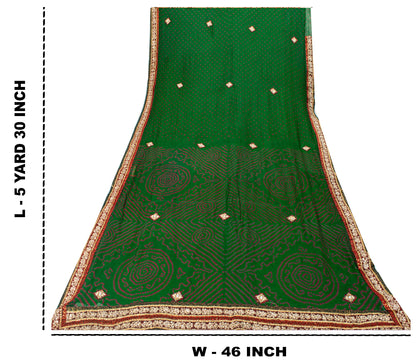 Sanskriti Vintage Green Pure Georgette Saree Bandhani Hand Embroidered 5.5YDSari