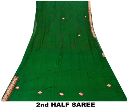 Sanskriti Vintage Green Pure Georgette Saree Bandhani Hand Embroidered 5.5YDSari