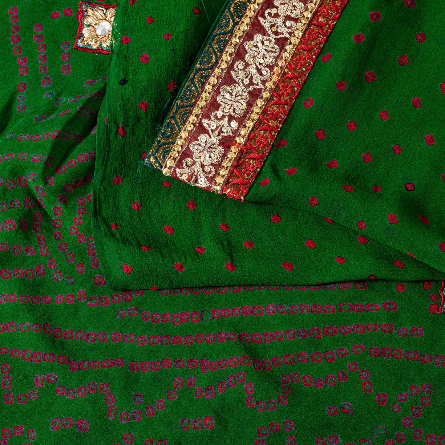 Sanskriti Vintage Green Pure Georgette Saree Bandhani Hand Embroidered 5.5YDSari