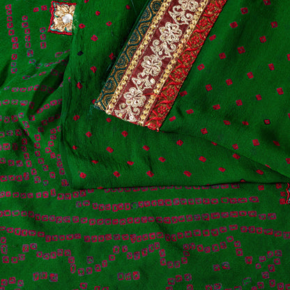 Sanskriti Vintage Green Pure Georgette Saree Bandhani Hand Embroidered 5.5YDSari