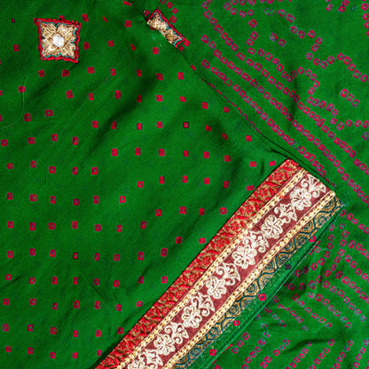 Sanskriti Vintage Green Pure Georgette Saree Bandhani Hand Embroidered 5.5YDSari