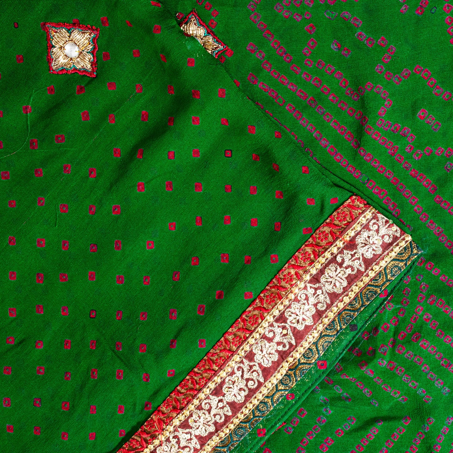 Sanskriti Vintage Green Pure Georgette Saree Bandhani Hand Embroidered 5.5YDSari