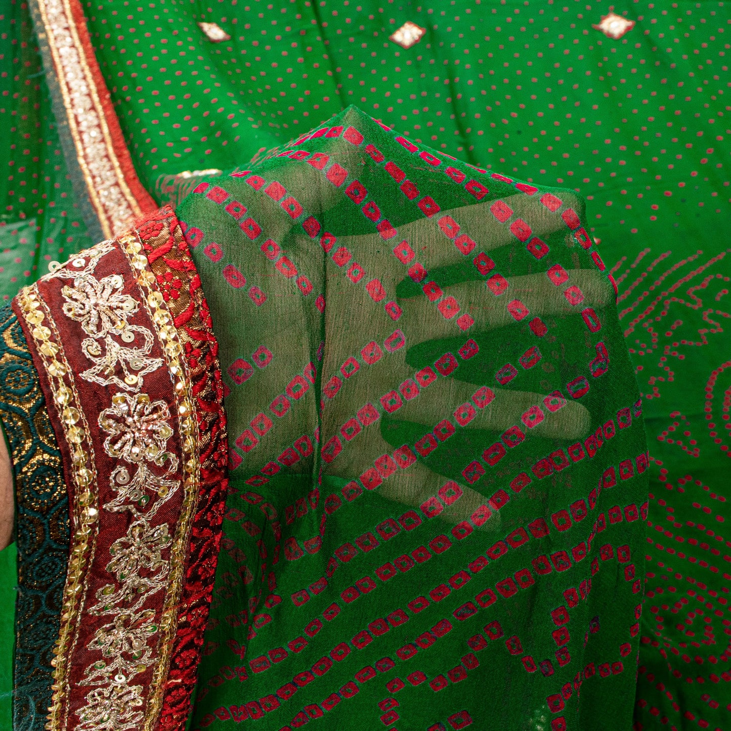 Sanskriti Vintage Green Pure Georgette Saree Bandhani Hand Embroidered 5.5YDSari