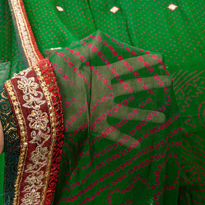 Sanskriti Vintage Green Pure Georgette Saree Bandhani Hand Embroidered 5.5YDSari
