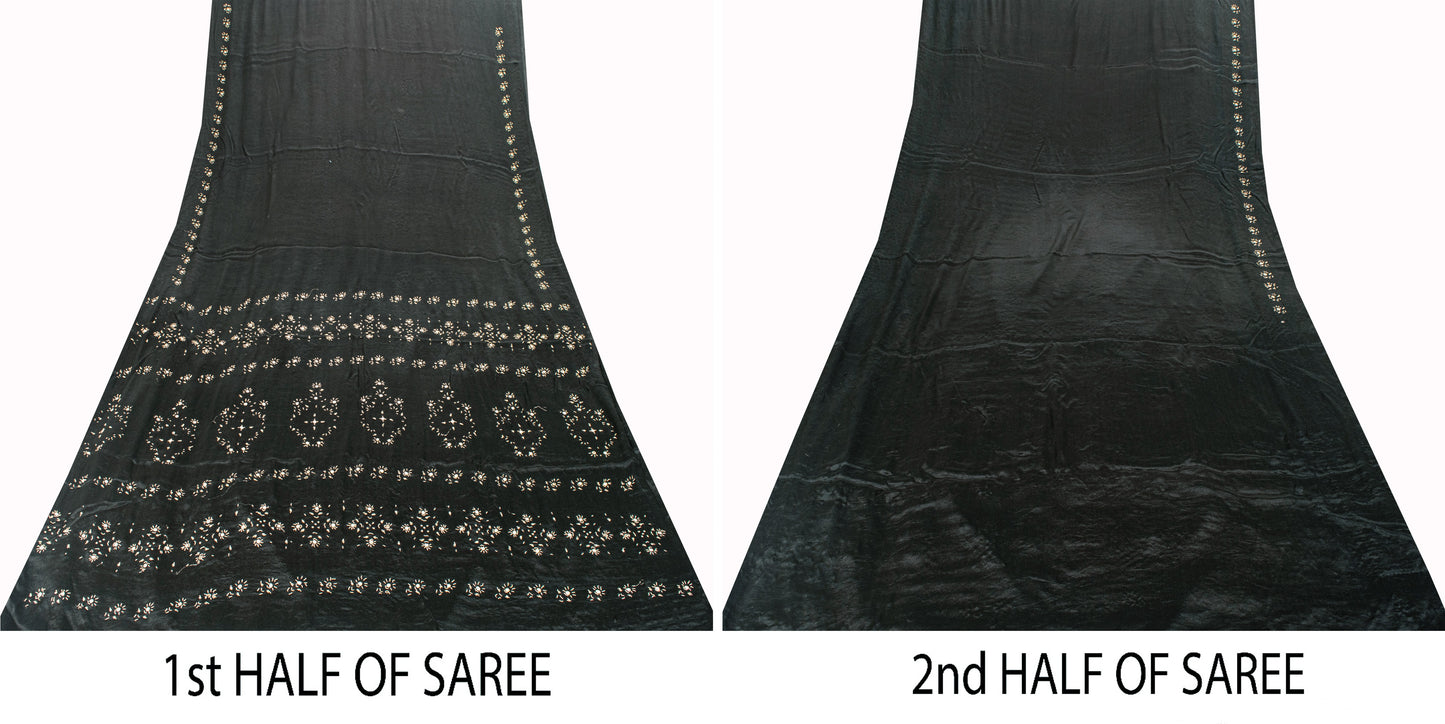 Sanskriti Vintage Black Pure Silk Saree Hand Embroidered Zardozi Stone 6+YD Sari