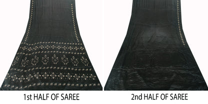 Sanskriti Vintage Black Pure Silk Saree Hand Embroidered Zardozi Stone 6+YD Sari