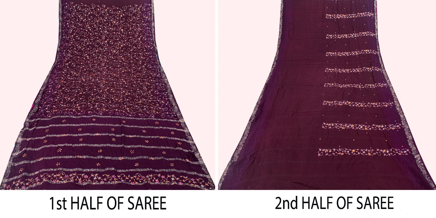 Sanskriti Vintage Wine Saree Soft Pure Georgette Silk Hand Embroidered 5.5+YSari