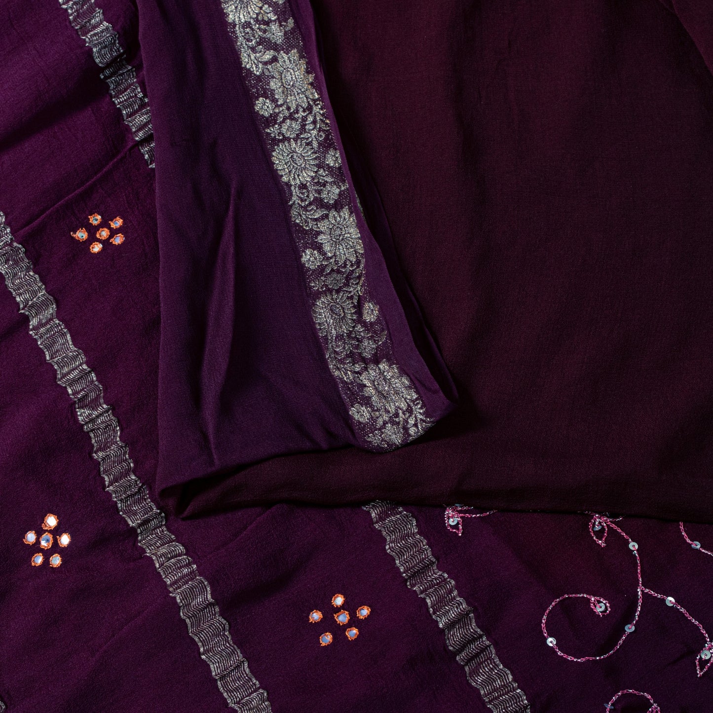 Sanskriti Vintage Wine Saree Soft Pure Georgette Silk Hand Embroidered 5.5+YSari