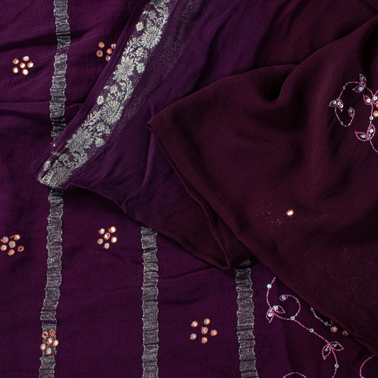 Sanskriti Vintage Wine Saree Soft Pure Georgette Silk Hand Embroidered 5.5+YSari