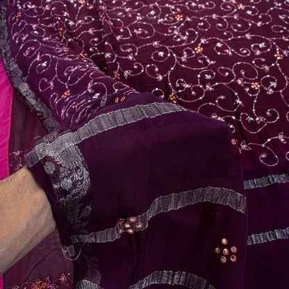 Sanskriti Vintage Wine Saree Soft Pure Georgette Silk Hand Embroidered 5.5+YSari