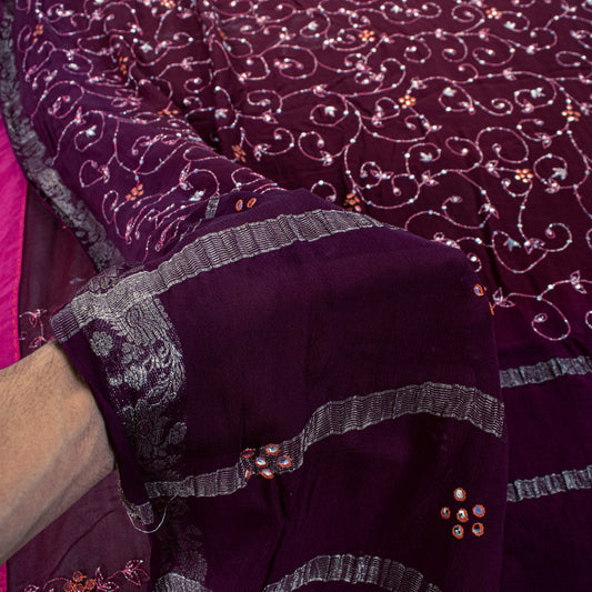 Sanskriti Vintage Wine Saree Soft Pure Georgette Silk Hand Embroidered 5.5+YSari