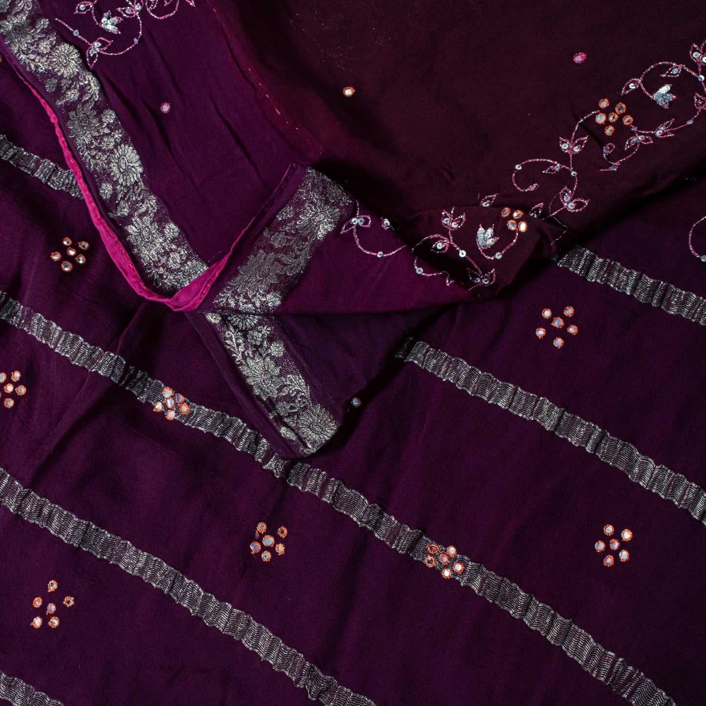 Sanskriti Vintage Wine Saree Soft Pure Georgette Silk Hand Embroidered 5.5+YSari