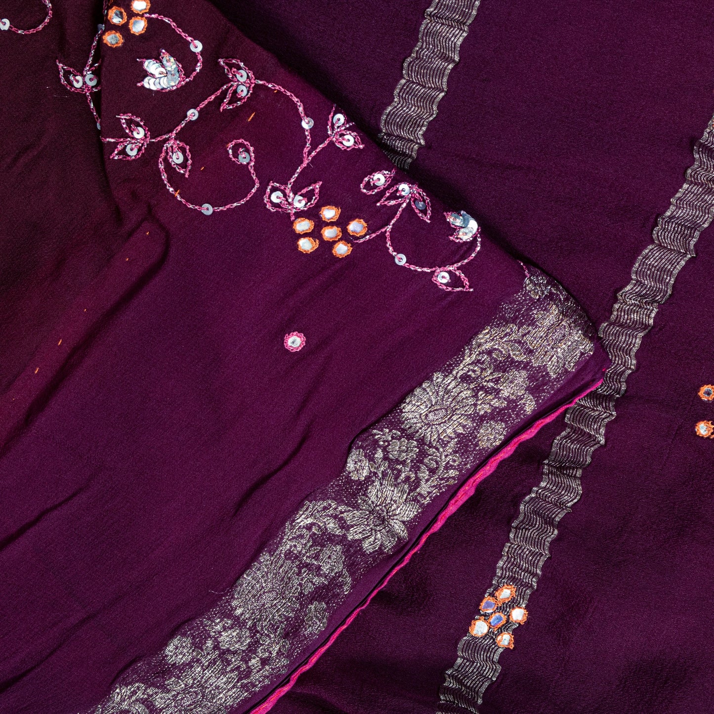 Sanskriti Vintage Wine Saree Soft Pure Georgette Silk Hand Embroidered 5.5+YSari