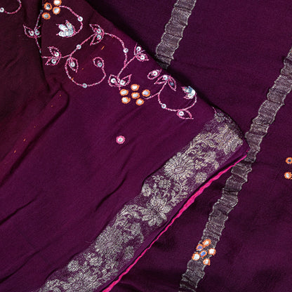 Sanskriti Vintage Wine Saree Soft Pure Georgette Silk Hand Embroidered 5.5+YSari