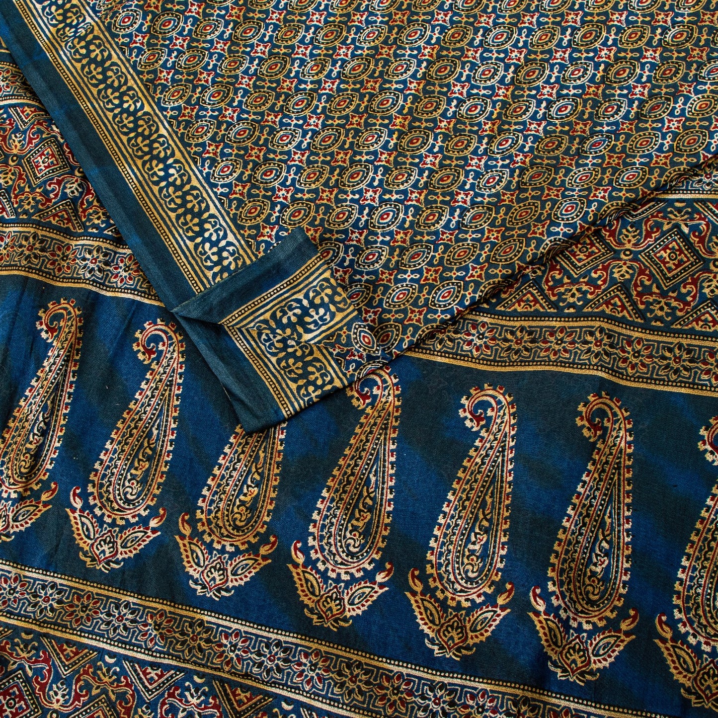 Sanskriti Vintage Blue Pure Cotton Saree Ajrakh Hand Block Print Sari 5.5YDCraft