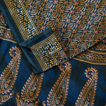 Sanskriti Vintage Blue Pure Cotton Saree Ajrakh Hand Block Print Sari 5.5YDCraft