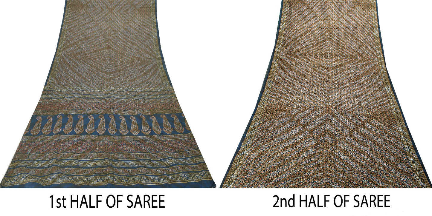 Sanskriti Vintage Blue Pure Cotton Saree Ajrakh Hand Block Print Sari 5.5YDCraft