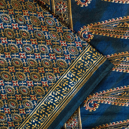 Sanskriti Vintage Blue Pure Cotton Saree Ajrakh Hand Block Print Sari 5.5YDCraft