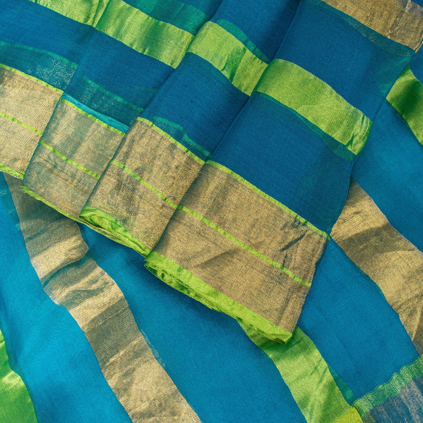 Sanskriti Vintage Blue Pure Geometric Silk Saree Golden Woven 5.5 Yd Sari Craft